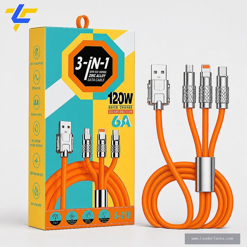 كابل شحن S-219 خرطوم 3 في 1 120W 6A للايفون وتايب سي ومايكرو