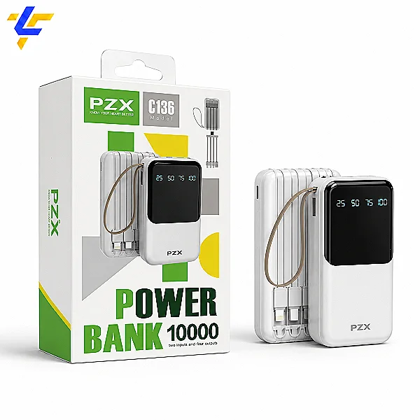 باور بانك PZX C136 سعة 10000mAh بشاشة LED وكابلات مدمجة