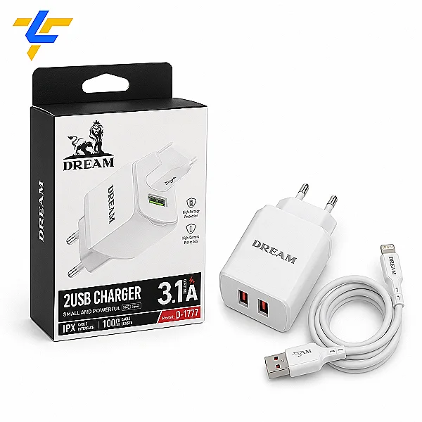 شاحن دريم D-1777 L لايتنينج 3.1A بمخرجين USB ( ضمان 6 شهور )
